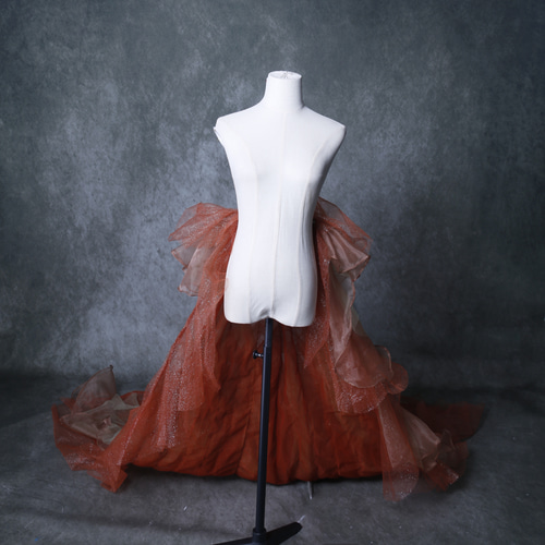 華やかなトレーン 取り外し テラコッタ色 グリーン オーガンジー  