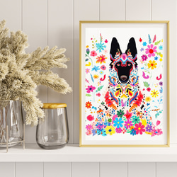 【花とジャーマンシェパード犬の夢の世界 No.1】アートポスター 犬の絵 犬の絵画 犬のイラスト 8枚目の画像