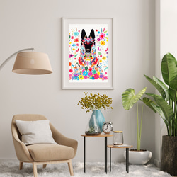 【花とジャーマンシェパード犬の夢の世界 No.1】アートポスター 犬の絵 犬の絵画 犬のイラスト 7枚目の画像