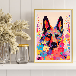 【花とジャーマンシェパード犬の夢の世界 No.3】アートポスター 犬の絵 犬の絵画 犬のイラスト 8枚目の画像