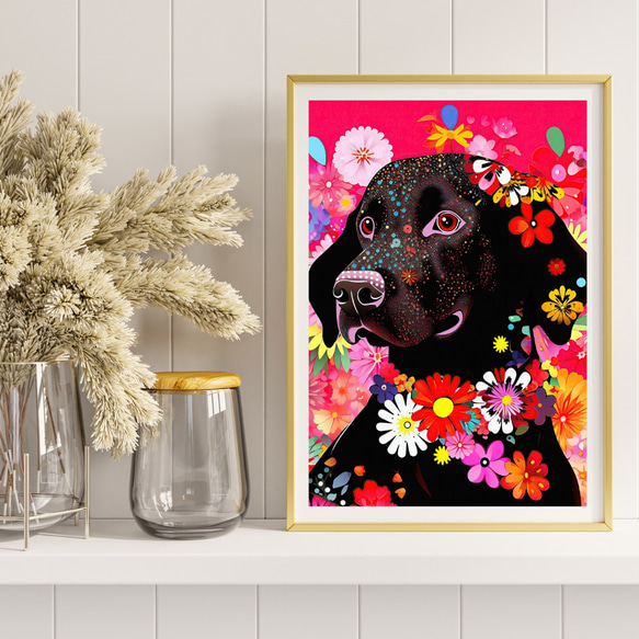 【花とラブラドールレトリバー犬の夢の世界 No.5】アートポスター 犬の絵 犬の絵画 犬のイラスト 8枚目の画像