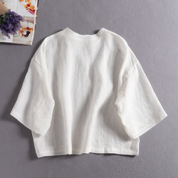 ★僅樣品銷售1件★100%亞麻落袖3/4袖襯衫寬鬆白色190702-1 第5張的照片