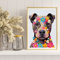 【花とピットブル犬の夢の世界 No.1】アートポスター 犬の絵 犬の絵画 犬のイラスト 8枚目の画像