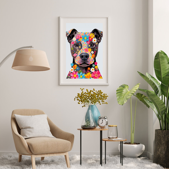 【花とピットブル犬の夢の世界 No.1】アートポスター 犬の絵 犬の絵画 犬のイラスト 7枚目の画像