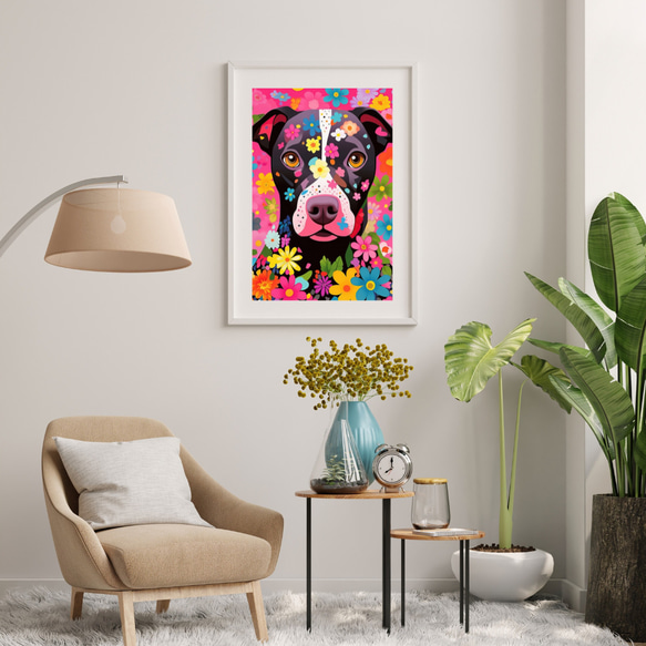 【花とピットブル犬の夢の世界 No.2】アートポスター 犬の絵 犬の絵画 犬のイラスト 7枚目の画像