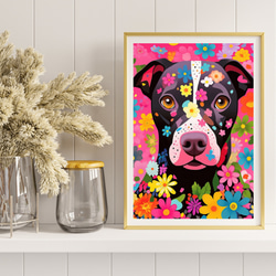 【花とピットブル犬の夢の世界 No.2】アートポスター 犬の絵 犬の絵画 犬のイラスト 8枚目の画像