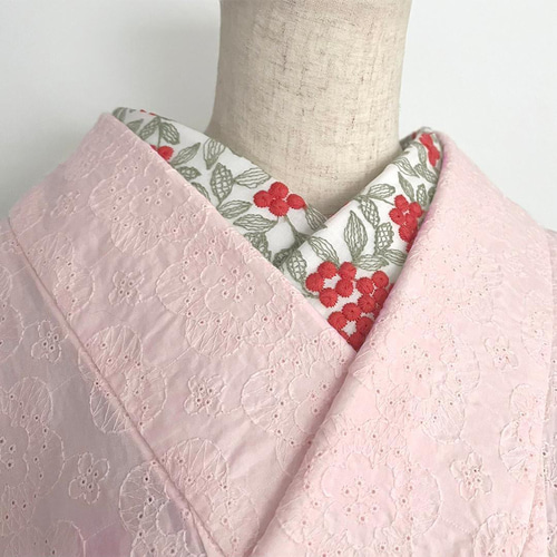 半衿 朱の実 刺繍のコットンレース 南天 ナンテン 半襟 洗える 綿