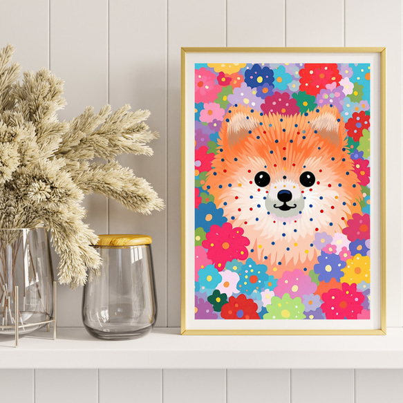 【花とポメラニアン犬の夢の世界 No.3】アートポスター 犬の絵 犬の絵画 犬のイラスト 8枚目の画像
