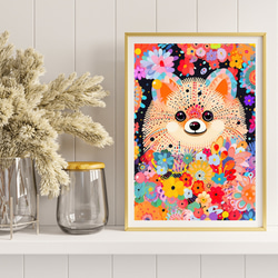 【花とポメラニアン犬の夢の世界 No.4】アートポスター 犬の絵 犬の絵画 犬のイラスト 8枚目の画像