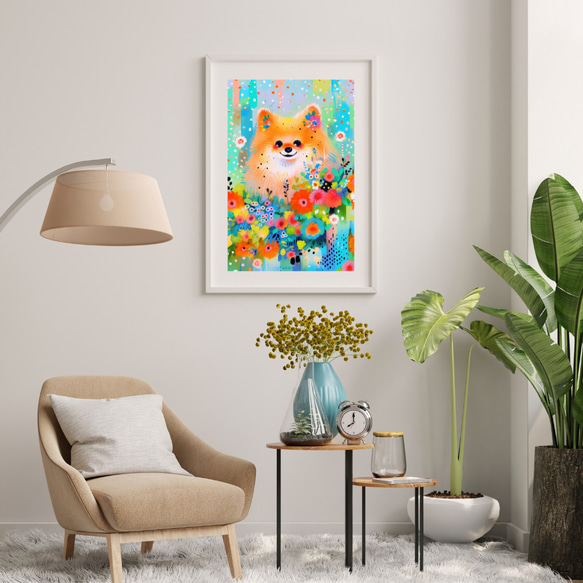 【花とポメラニアン犬の夢の世界 No.5】アートポスター 犬の絵 犬の絵画 犬のイラスト 7枚目の画像