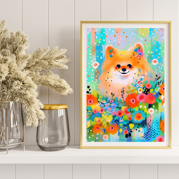 【花とポメラニアン犬の夢の世界 No.5】アートポスター 犬の絵 犬の絵画 犬のイラスト 8枚目の画像