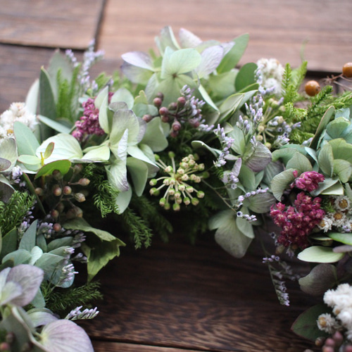 紫陽花とオリーブの春色グリーンリース＊ドライフラワー◎24