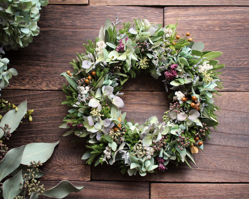 オリーブと水色紫陽花のグリーンリース✳︎ドライフラワーwreathe◎24