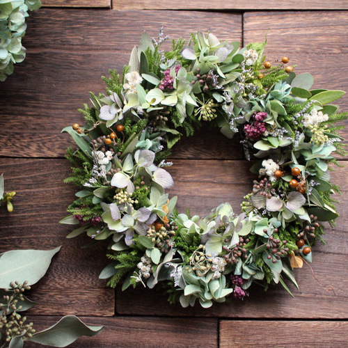 紫陽花とオリーブの春色グリーンリース＊ドライフラワー◎24