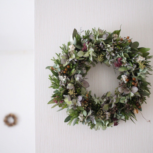 紫陽花とオリーブの春色グリーンリース＊ドライフラワー◎24