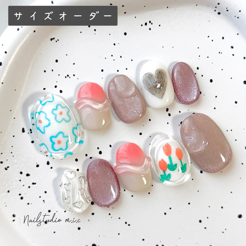 ネイルチップ サイズオーダー 韓国 ポップ ニュアンス ぷっくり 落書き  