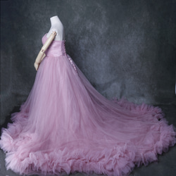 豪華！ カラードレス  薄ピンク  ベアトップ  ラッフルフリル   プリンセスライン  披露宴/結婚式 3枚目の画像