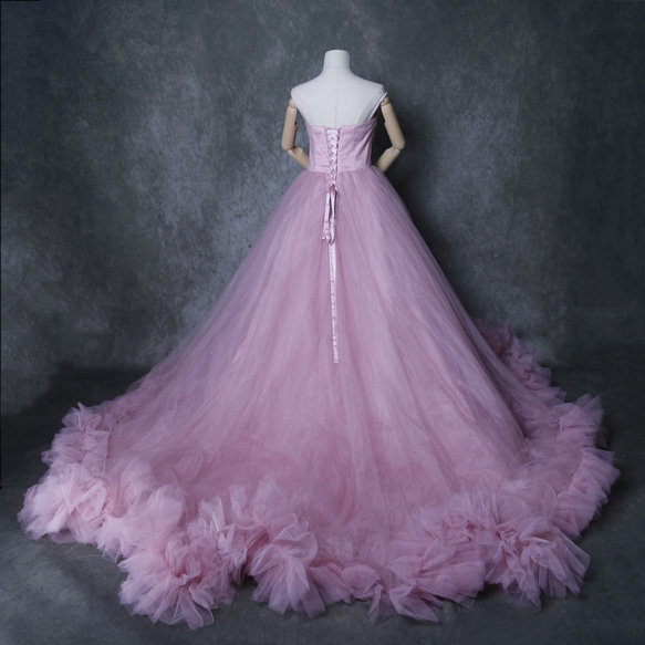 豪華！ カラードレス  薄ピンク  ベアトップ  ラッフルフリル   プリンセスライン  披露宴/結婚式 2枚目の画像