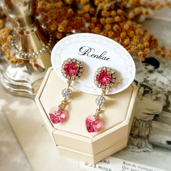 ローズピンク・ハートイヤリング【上品・パーティー・スワロフスキー