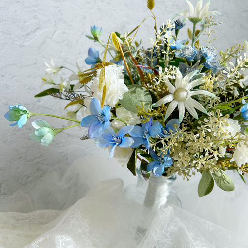 即納OK！ブルー × ホワイト ブートニア付ペールカラーの爽やかシャン