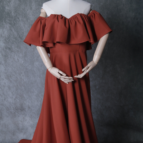 パーティードレス テラコッタ色 オフショルダー クレープ生地 前撮り 2  