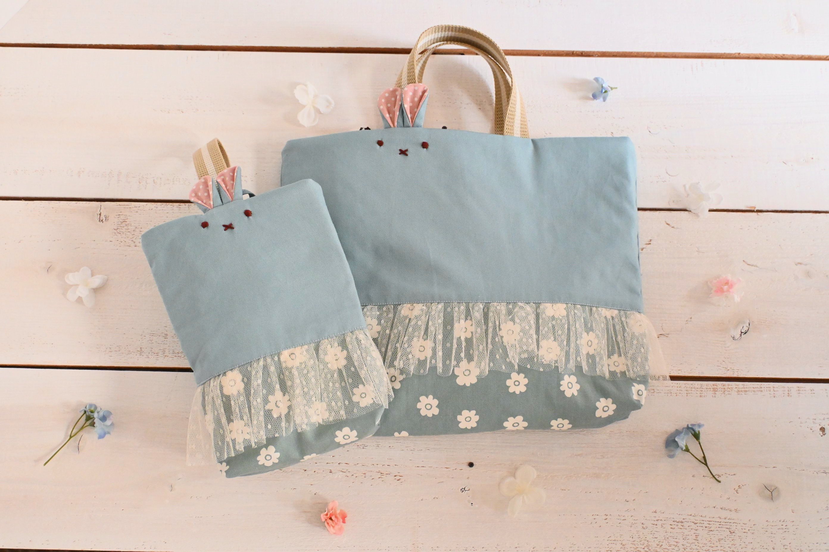 受注生産＜サイズ変更可＞水色好きちゃんに♡うさぎちゃんレッスンバッグ＆シューズケース（サックスフルレット柄）