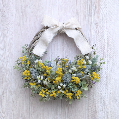 ナチュラルリース　ミモザリース ラスト1点〛ミモザのナチュラルリース＊アーティフィシャルフラワー