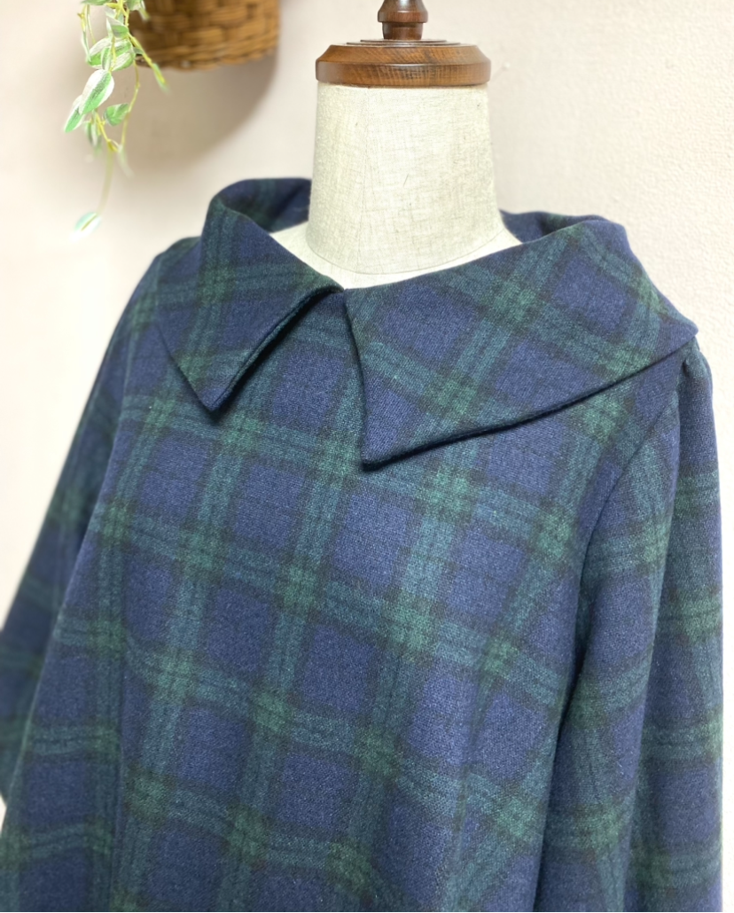 《大きいサイズ》大きめ襟のＡラインワンピース Ｌ•ＬＬ　１３号 ブラックウォッチチェック