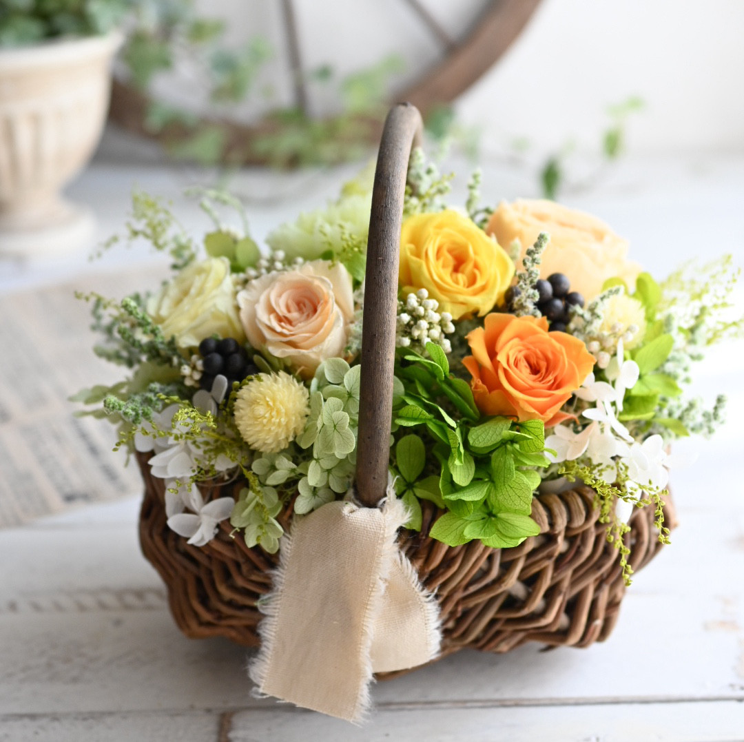 花摘みバスケット＊花畑の幸せオレンジ＊プリザーブドフラワー　アレンジメント