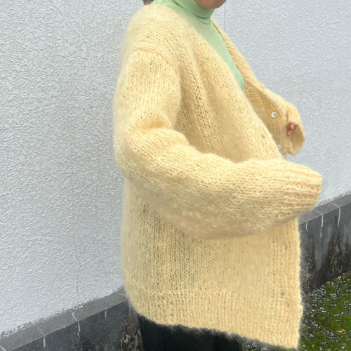 ハンドメイド 軽ふわモヘアカーディガン レモンイエロー 一点物 