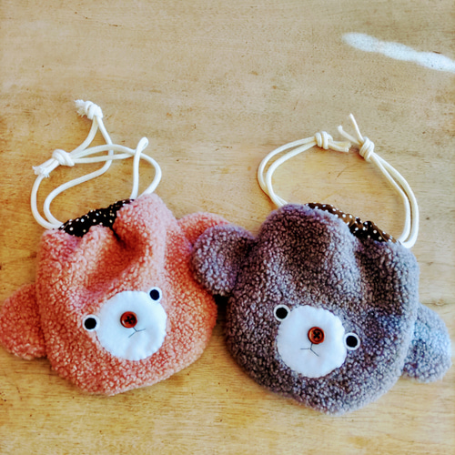 一年中使える もこもこくまさんの巾着ポーチ ピンクブラウン 雑貨  