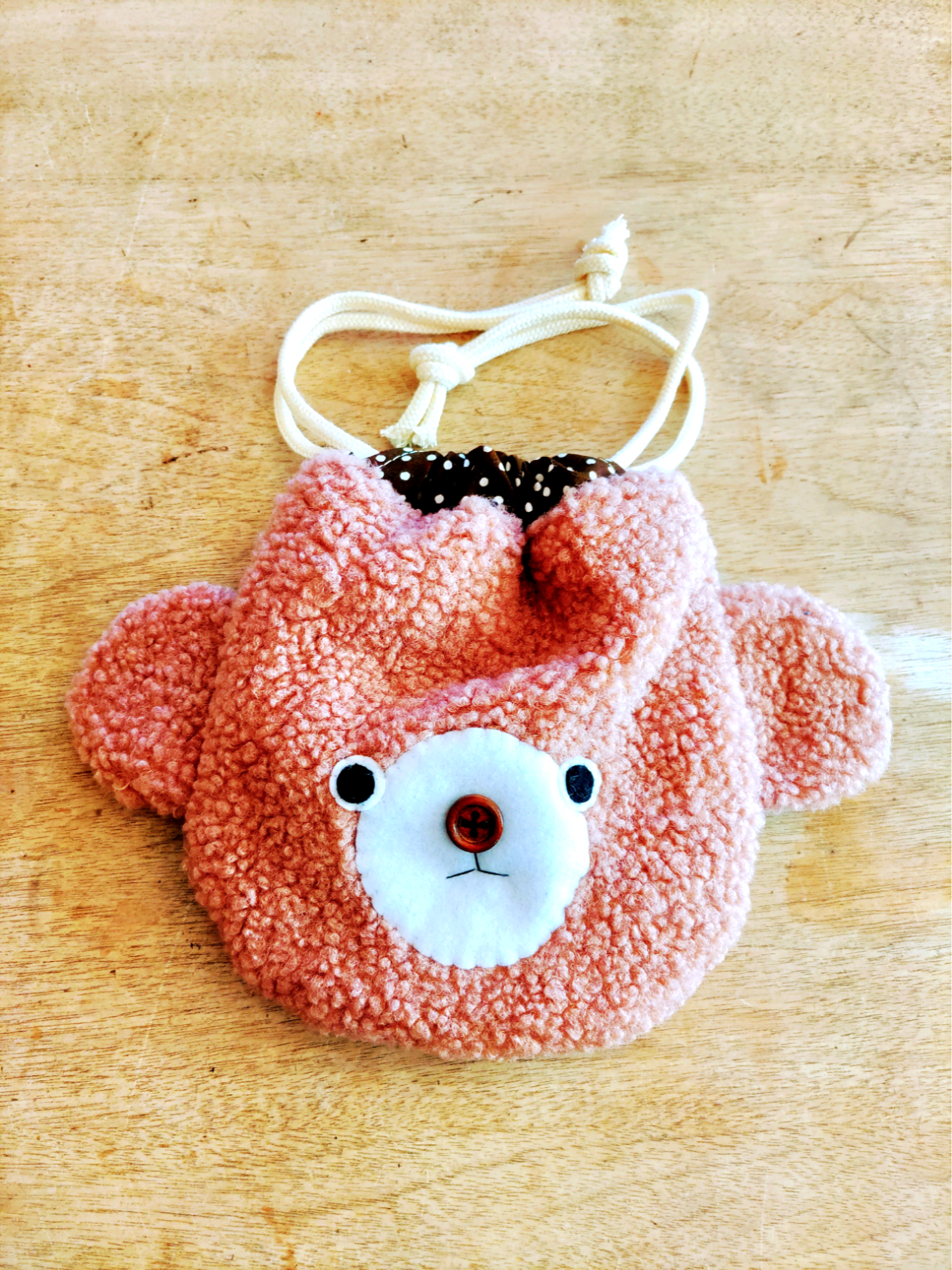 一年中使える もこもこくまさんの巾着ポーチ ピンクブラウン 雑貨  