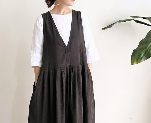 サロペットスカート/ジャンパースカート rayon linen dark brown（ペチコート付き） 3枚目の画像