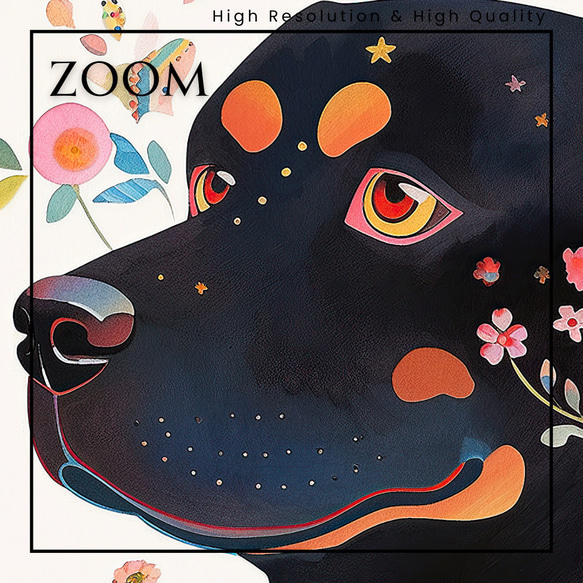【花とロットワイラー犬の夢の世界 No.1】アートポスター 犬の絵 犬の絵画 犬のイラスト 3枚目の画像