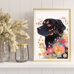 【花とロットワイラー犬の夢の世界 No.1】アートポスター 犬の絵 犬の絵画 犬のイラスト 8枚目の画像