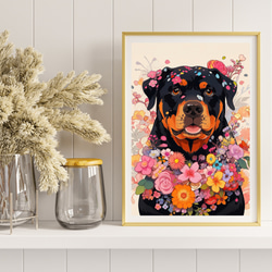 【花とロットワイラー犬の夢の世界 No.5】アートポスター 犬の絵 犬の絵画 犬のイラスト 8枚目の画像