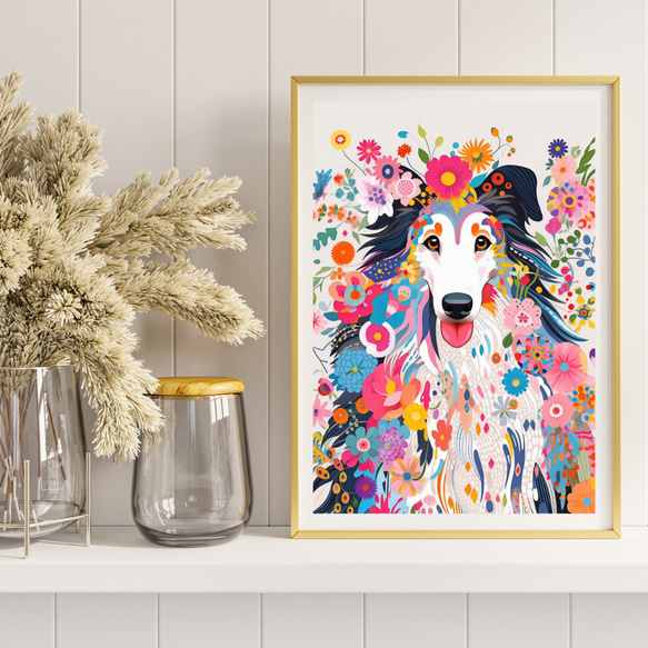 【花とラフコリー犬の夢の世界 No.2】アートポスター 犬の絵 犬の絵画 犬のイラスト 8枚目の画像
