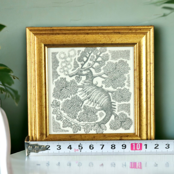 ミニ原画【一点物】「海の森」アンティーク風なペン画のインテリアアート　リビング　玄関　タツノオトシゴ 4枚目の画像