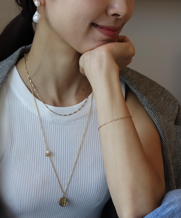 【限量套裝】14kgf花瓣choker &amp; 14kgf長波浪硬幣項鍊 第7張的照片