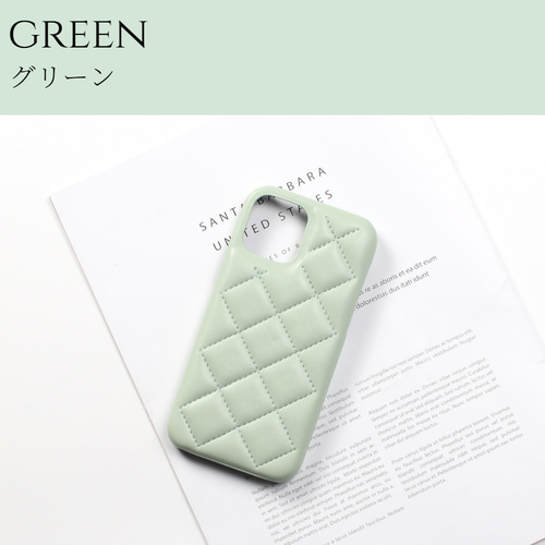 【Iphone15】キルティング　グリーン【ソフトケース】 キルティング iPhone16 15 14 13 12 11 ケース ワントーン おしゃれ 耐