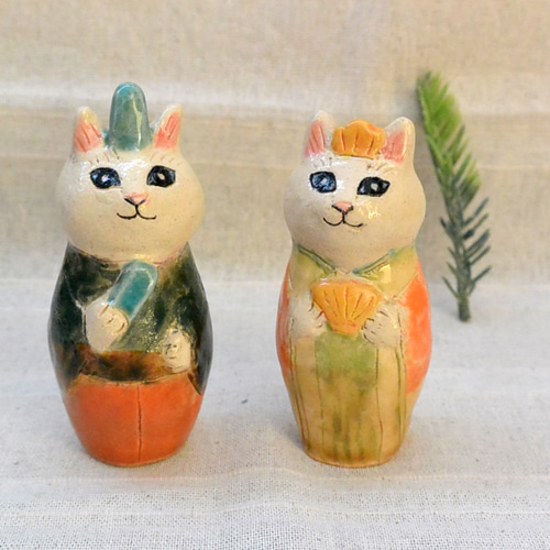猫のお雛様 ひな人形 こけし型ネコ 白猫 手作り陶器・陶芸 ネコの