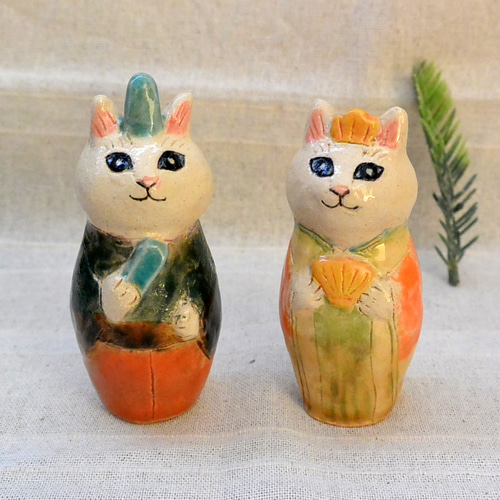 猫のお雛様 ひな人形 こけし型ネコ 白猫 手作り陶器・陶芸 ネコの