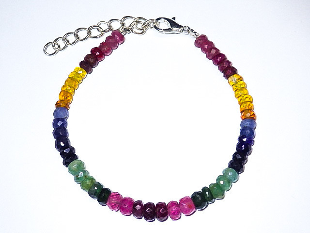 ★豪華！レッドルビー エメラルド サファイア カット★MIXブレスレット★天然石コランダムベリル宝石★チェーン付★女性用