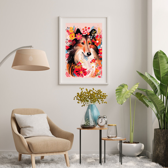 【花とラフコリー犬の夢の世界 No.13】アートポスター 犬の絵 犬の絵画 犬のイラスト 7枚目の画像