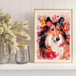 【花とラフコリー犬の夢の世界 No.13】アートポスター 犬の絵 犬の絵画 犬のイラスト 8枚目の画像
