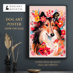 【花とラフコリー犬の夢の世界 No.13】アートポスター 犬の絵 犬の絵画 犬のイラスト 1枚目の画像