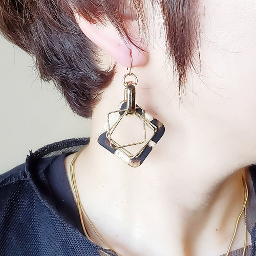 ☆レオパード アニマル柄 スクエア（ブラウン）×メタルパ－ツ 大ぶり