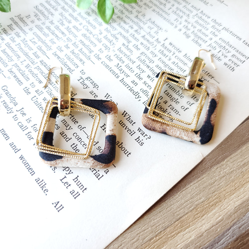 ☆レオパード アニマル柄 スクエア（ブラウン）×メタルパ－ツ 大ぶり