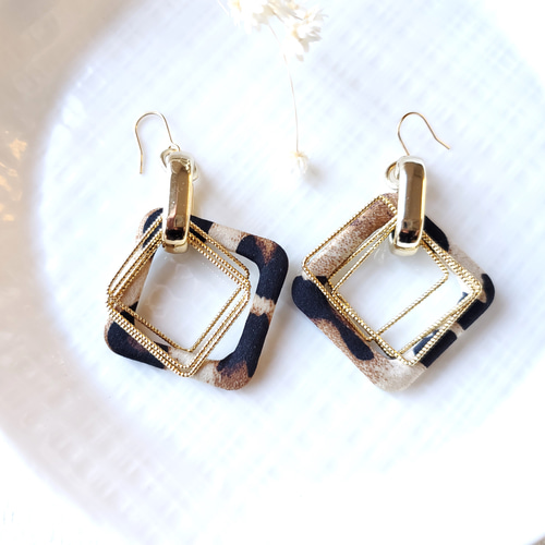 ☆レオパード アニマル柄 スクエア（ブラウン）×メタルパ－ツ 大ぶり