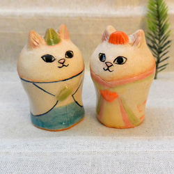 猫のお雛様　ひな人形　頭大きいネコ　白猫　手作り陶器・陶芸　ネコの置き物　おひなさま 2枚目の画像
